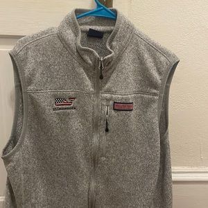 Grey Vineyard Vines sweater vest with a Minnesota whale on the front
